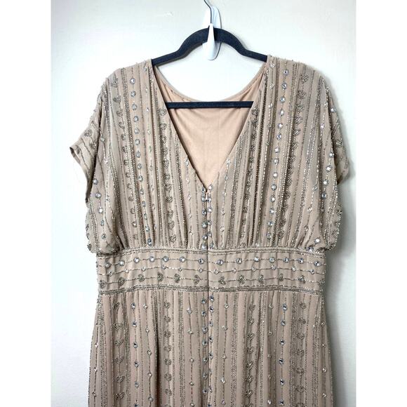 NWT Mac Duggal Dress 14 Beaded Rhinestone Column Mocha Tan Embellished Midi Glam - Picture 11 of 16